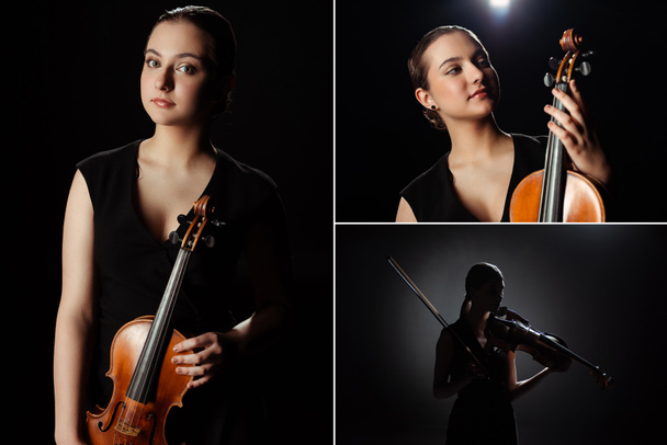 collage with female musician playing on violin on dark stage - Foto, imagen