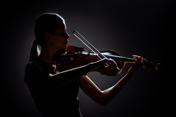 ダークステージでバイオリンを弾くプロのミュージシャンのシルエット - 写真・画像