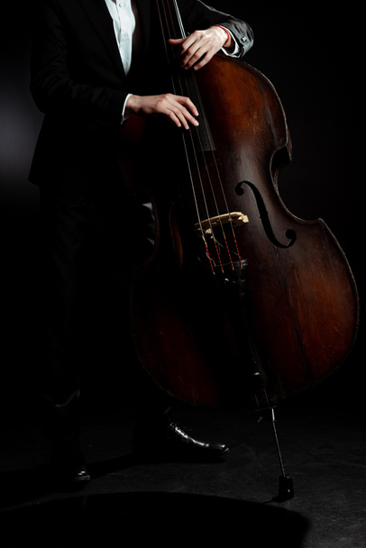 cropped view of professional musician playing on double bass on dark stage - Zdjęcie, obraz