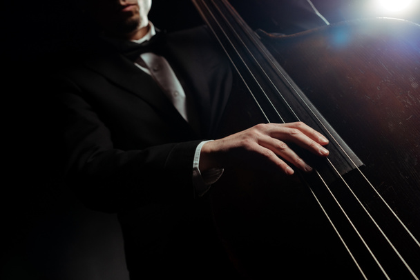 Ausgeschnittener Blick auf Musiker am Kontrabass auf dunkler Bühne - Foto, Bild