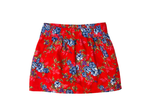 Bright colored fashionable summer floral skirt for women,girl, isolated on white.Stylish summer flower skirt isolated on white background - Photo, Image