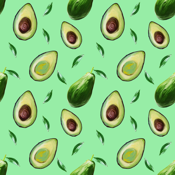 Seamless pattern of avocado. Avocado, hand-draw illustration in gouache on light green background. Food hand drawn illustration.Design for packaging, fabrics, textiles, wallpaper, website, postcards. - Photo, Image