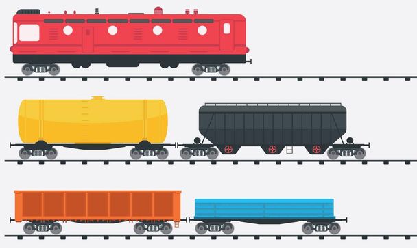 Εμπορευματικές αμαξοστοιχίες με τρία είδη βαγονιών. Σιδηροδρομικές εμπορευματικές μεταφορές. Σιδηροδρομικές μεταφορές με φορτηγά οχήματα. - Διάνυσμα, εικόνα
