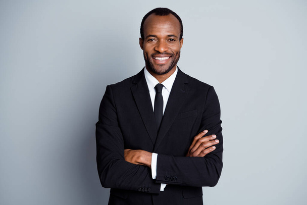 Portrait of true leadership entrepreneur wealthy afro american company owner man cross hands ready decide work solution wear blazer isolated over gray color background - Photo, image