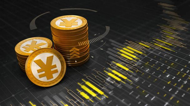 Groep gouden Yuan munten geplaatst op grafiek grafiek met cijfers en resultaten van de economische ontwikkeling. Economie 3D illustratie achtergrond. - Foto, afbeelding