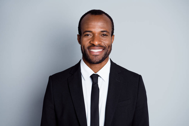 Portrait of positive intelligent afro american economist lawyer man look good mood ready decide choose decision choice solution in gray color background - Fotó, kép