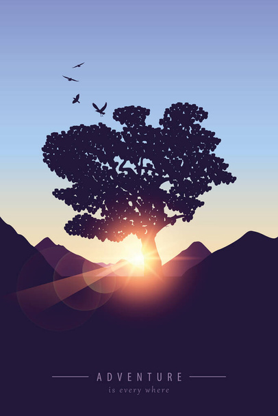 Abenteuer Berg und große Baumlandschaft Hintergrund bei Sonnenuntergang - Vektor, Bild