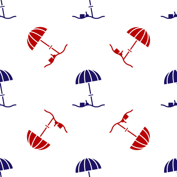 Niebieski i czerwony parasol ochronny na ikonę plaży odizolowany bezszwowy wzór na białym tle. Duży parasol do przestrzeni zewnętrznej. Parasol plażowy. Ilustracja wektora - Wektor, obraz