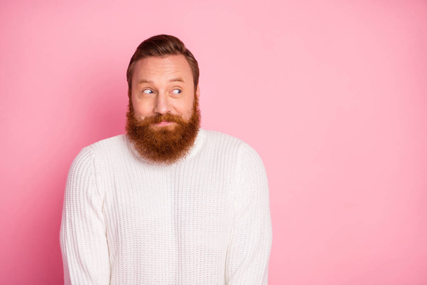 Portrait of shy modest attractive guy want meet communicate with group of cool people shrug shoulders look inspired copyspace wear fall jumper isolated over pastel color background - Foto, afbeelding