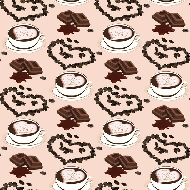 Bezproblémové téma vzor s šálkem kávy, zrní, dezert. Jasná ilustrace vhodná pro dekoraci, design, potisk, tkaniny. - Vektor, obrázek