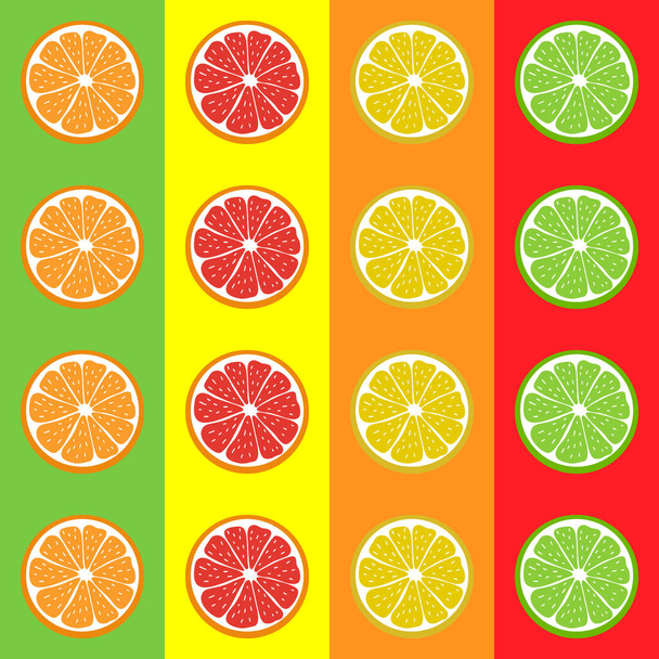 Pattern seamless of juicy citrus fruit. Lemon, orange, grapefruit, lime. Colorful elements on multicolored stripes. Bright background for creative designs, banners, textiles, menus, prints, packings. - Vector, Image