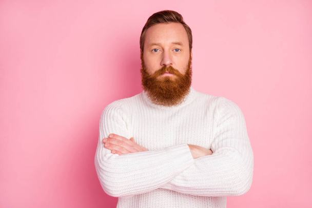 Close-up portrait of his he nice attractive serious content red guy leader partner folded arms isolated over pink pastel color background - Foto, imagen