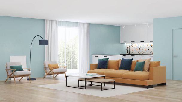 Nowoczesne wnętrze sypialni z niebieskimi ścianami i żółtą sofą. Neo Memphis styl wnętrza. Renderowanie 3D. - Zdjęcie, obraz