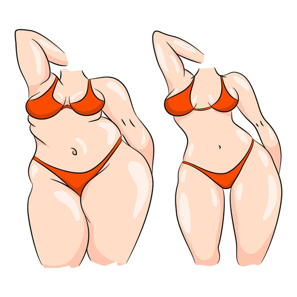 Vergelijking van een vrouwelijk lichaam voor en na afslanken - Vector, afbeelding