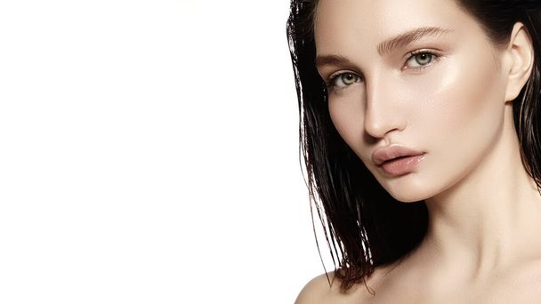 Beautiful Face of young Woman. Skincare, Wellness, Spa. Clean Soft Skin, Healthy Fresh Look. Natural Daily Makeup, Wet Hair Style. Skin Moisturizing - Photo, image