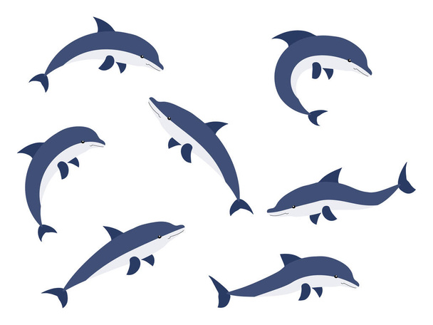 Zestaw ilustracji wektor delfinów kreskówki izolowane na białym tle. - Wektor, obraz