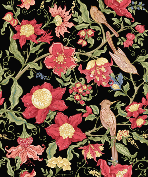 Fantasy flowers in retro, vintage, jacobean embroidery style. - Vektör, Görsel