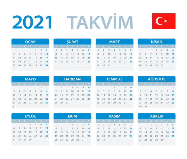 Plantilla vectorial de color 2021 calendario - Versión turca - Vector, imagen