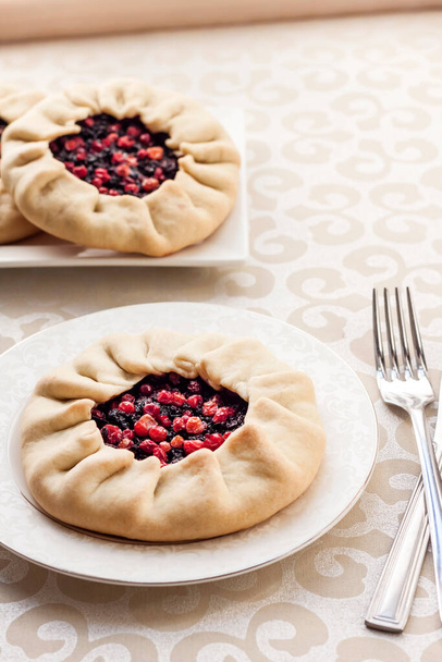 Tasty breakfast. Homemade sweet galette with elderberries and cowberries on a plate - Photo, Image