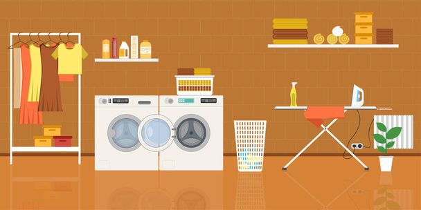 Laundry room with washing machine, ironing board, clothes rack and basket. vector illustration in flat style - Vector, Image