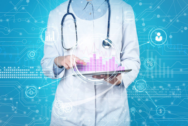 Double exposure of doctor using tablet and digital schemes. Machine learning concept - Photo, Image
