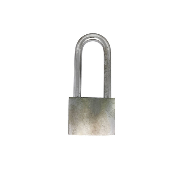 Único cadeado de metal bloqueado no fundo branco sem sombra
 - Foto, Imagem