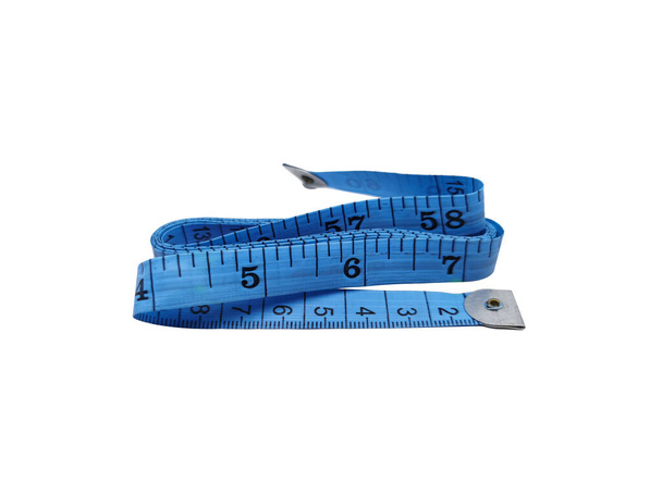 Single blue Measuring tape of tailor isolated on white background without shadow - Photo, Image