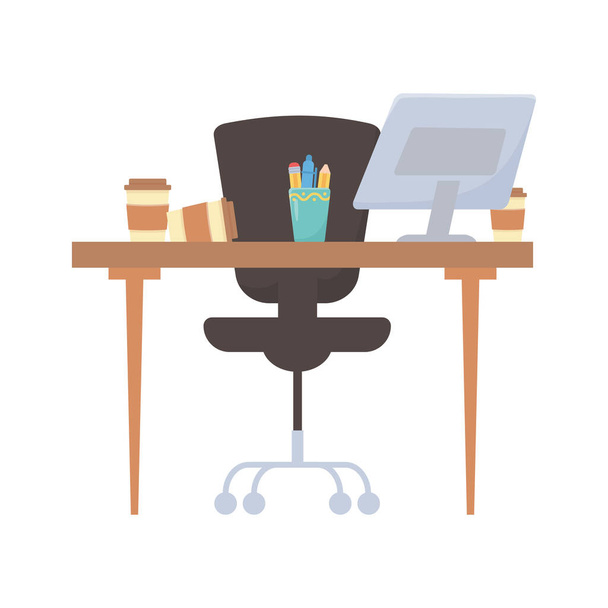 kancelář stůl židle šálek kávy a tužky izolované design - Vektor, obrázek