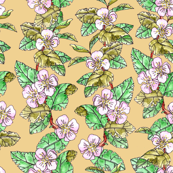 nahtloses Muster von Apfelbäumen mit rosa Blüten und Blättern auf hellorangefarbenem Hintergrund - Foto, Bild