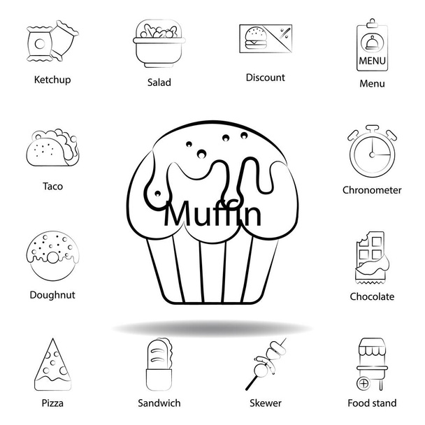 швидкі харчові кекси окреслюють ікону. Ікона з зображенням їжі. Знаки і символи можуть бути використані для веб, логотипу, мобільного додатка, UI, UX на білому тлі на сірому тлі - Вектор, зображення
