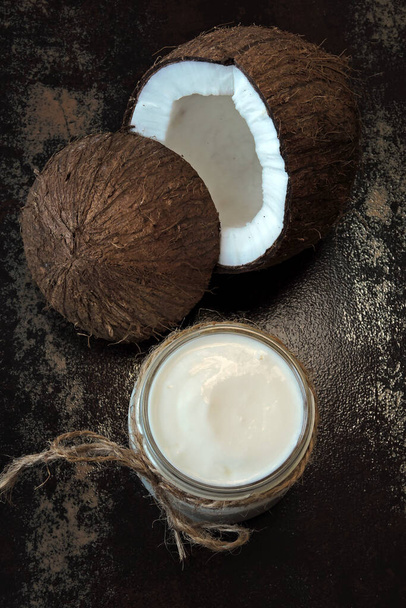 Coconut yogurt and coconut. Vegan yogurt. Keto diet. - Photo, Image