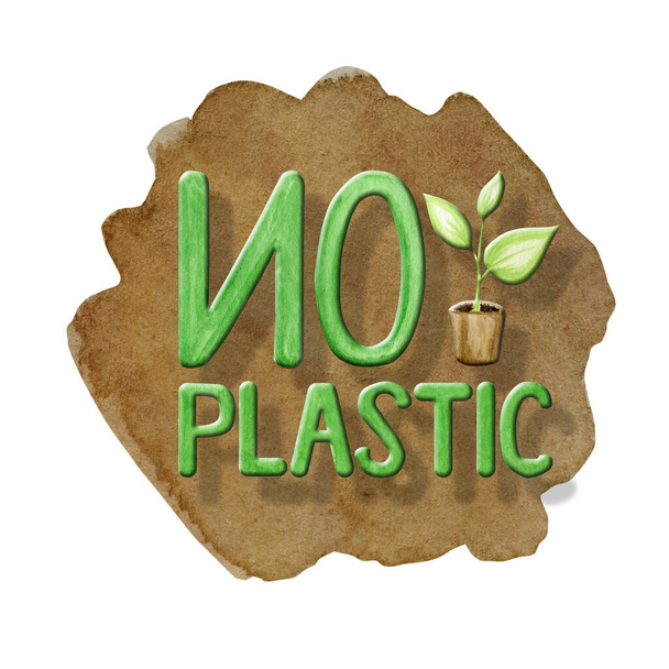 No Plastic free Green icon sign Watercolor hand drawn lettering illustration isolated on brown background. Ecological design. Recycled zero waste lifestyle. ECO friendly, Recycle Reuse Reduce concept - Photo, Image