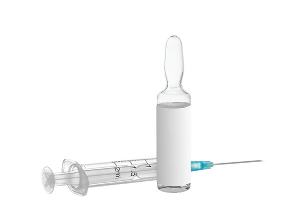 Syringe and bottle with medicines. sterile membrane or ampoule in a clear liquid and white label. - Foto, imagen