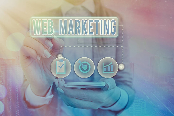Writing note showing Web Marketing. Business photo showcasing Electronic commerce Advertising through internet Online seller. - Foto, Bild