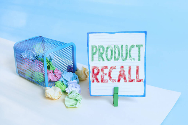 Handwriting text Product Recall. Concept meaning Request by a company to return the product due to some issue Trash bin crumpled paper clothespin empty reminder office supplies tipped. - Photo, Image