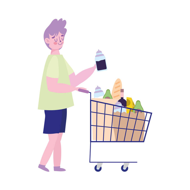 gente acaparando compra, hombre joven con carrito de la compra supermercado de alimentos
 - Vector, Imagen