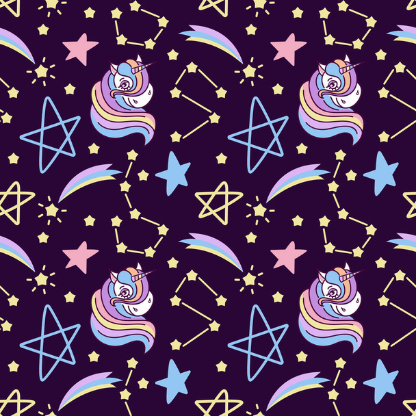 Hand drawn Seamless pattern with unicorns, pattern with cute unicorns, stars and space. Repetitive wallpaper on dark blue background. Perfect for fabric, wallpaper, wrapping paper, Vector illustration - Vettoriali, immagini