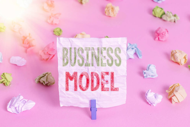 Text sign showing Business Model. Conceptual photo Identifying revenue sources Plan on how to make profit Colored crumpled papers empty reminder pink floor background clothespin. - Photo, Image