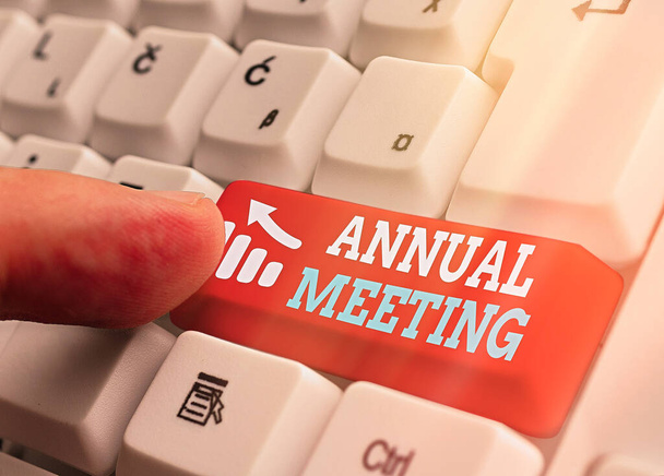 Word writing text Annual Meeting. Geschäftskonzept für die jährliche Zusammenkunft einer Organisation interessierter Aktionäre. - Foto, Bild