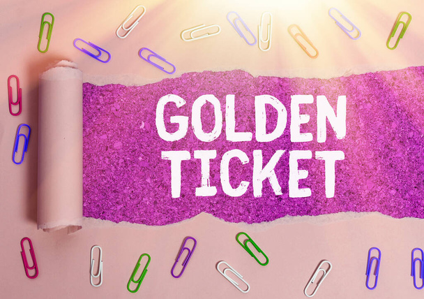 Text sign showing Golden Ticket. Conceptual photo Rain Check Access VIP Passport Box Office Seat Event. - Photo, Image