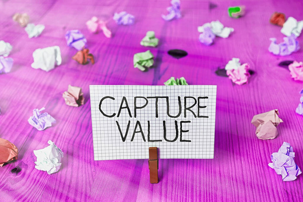Teksti merkki osoittaa Capture Value. Käsitteellinen kuva Asiakassuhde tyydyttää tarpeet Tuotemerkin vahvuus säilyttäminen
. - Valokuva, kuva