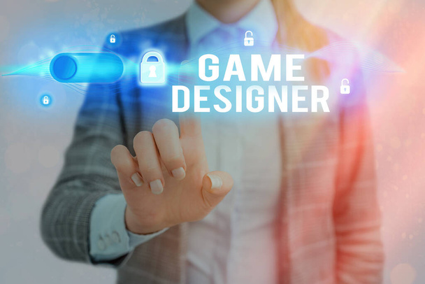 Word writing text Game Designer. Business concept for Campaigner Pixel Scripting Programmers Consoles 3D Graphics. - Photo, Image