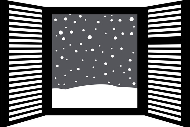 Αυτή είναι μια απεικόνιση του πλαισίου ανοικτού παραθύρου με χιόνι που πέφτει  - Διάνυσμα, εικόνα