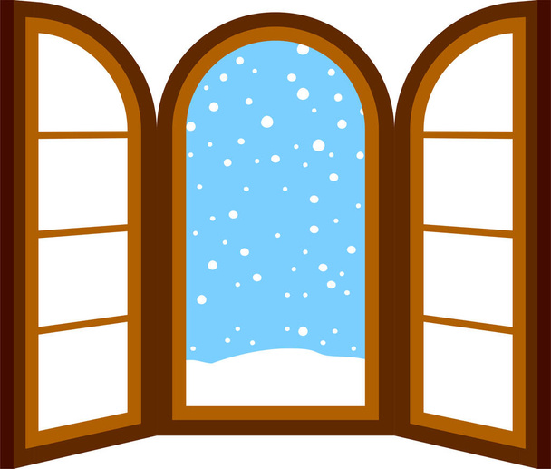 Ez egy illusztráció a nyitott ablak keret alá eső hó  - Vektor, kép