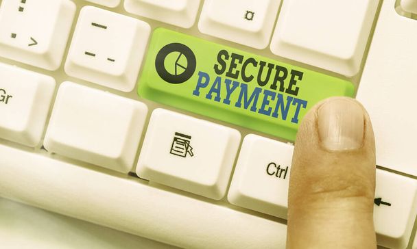 Handschriftliche Textbearbeitung Secure Payment. Konzept der Zahlungssicherheit bezieht sich auf die Sicherstellung der Bezahlung auch im Streitfall. - Foto, Bild
