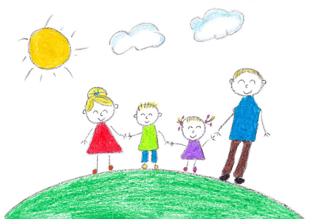 Child's simple drawing of their family with a white background - Photo, Image