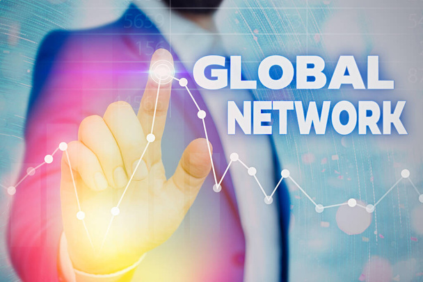 Writing note showing Global Network. Business photo showcasing Any communication system which spans the entire Earth. - Photo, Image