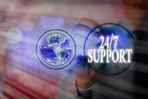 Writing note showing 24 Or 7 Support. Business photo showcasing Giving assistance to service whole day and night No downtime Elements of this image furnished by NASA. - Photo, Image