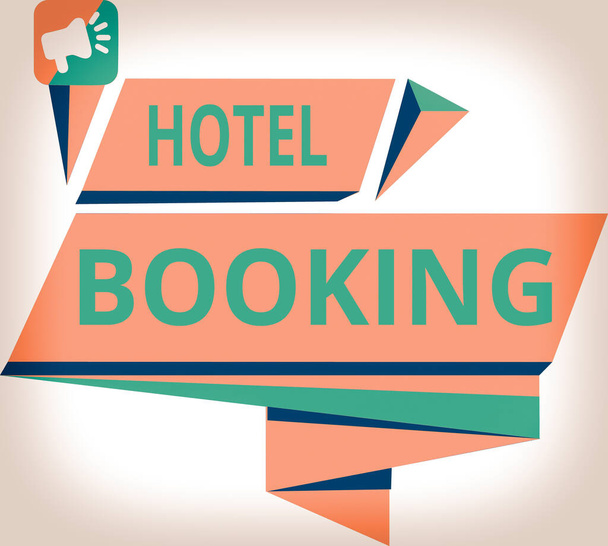 Conceptual hand writing showing Hotel Booking. Business photo showcasing Online Reservations Presidential Suite De Luxe Hospitality Quadrangular Abstract Shape Horizontal Graphic Megaphone. - Photo, Image