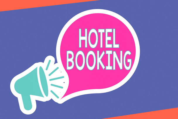 Handwriting text writing Hotel Booking. Concept meaning Online Reservations Presidential Suite De Luxe Hospitality Megaphone with Loudness icon and Blank Speech Bubble in Sticker Style. - Photo, Image
